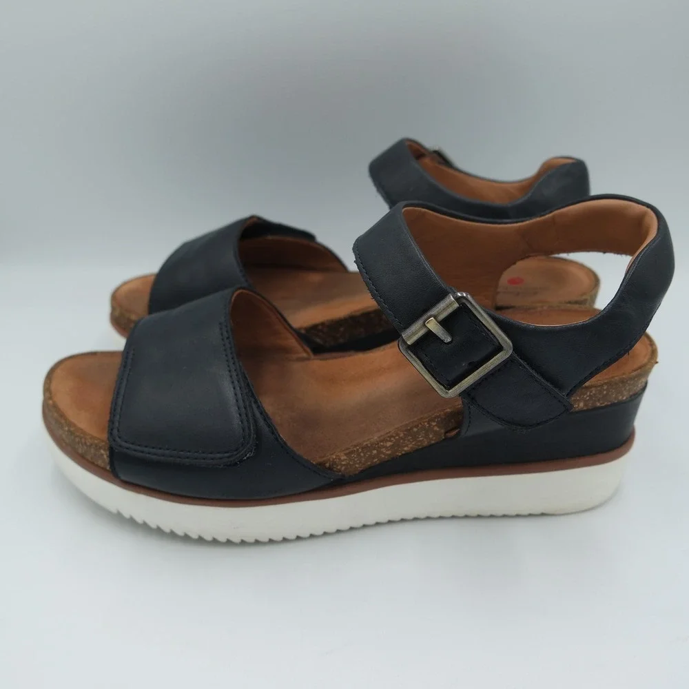 Clarks Lizby Strap Black Leather Wedge Sandals Womens 9.5 W